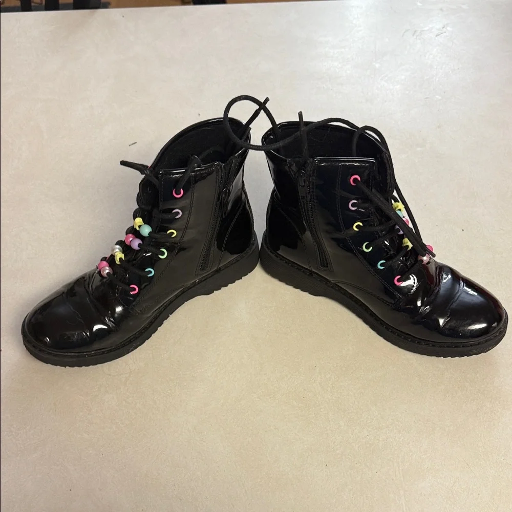 The Children's Place Black Patent Lace-Up Boots with Colorful Bead Accents